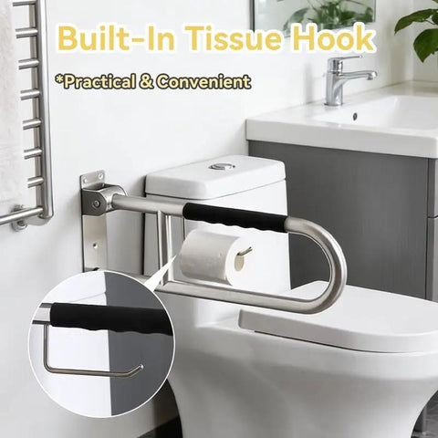 Real Deal 32 Inch Flip Up Toilet Safety Handle In Brushed Nickel Featuring Built In Paper Dispenser And Anti Slip Rubber Knobs with tissue hook.