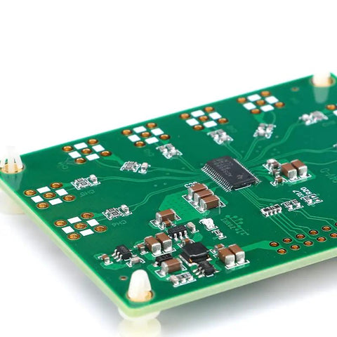Close-up side view of 8 Channel SAR ADC Data Acquisition Module with 16 Bit Resolution and 500 Ksps for unipolar and bipolar inputs on FR4 PCB.
