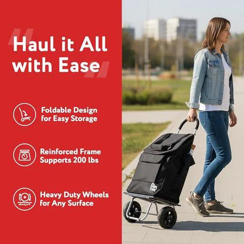 Woman using Bigger Trolley Dolly Foldable Black Shopping Cart For Grocery And Light Haul with durable wheels on sidewalk