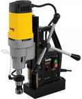 Heavy Duty Magnetic Base Drill Press Rock Solid Shop Workhorse Two Twenty Volt Portable Core Boring Rig For Tough Metal Jobs No Fuss Setup Sweet Performance Day In Day Out, yellow and gray drill press with handle and motor.