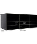 12 Slot Mail Sorter Organizer Desk File Holder With Top Platform For Keys Envelopes And Small Office Essentials PVC Black Desk Space Saver to Tidy Mail, Magazines, Cables, And Supplies At Home Or In The Office, showing dimensions and compartments on white background.