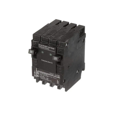 QSA2020SPDP Surge Breaker and SPD Combo 20A 120V 1 Pole Unit for Home or Shop Compatible Heavy Duty Electrical Safety Protection DIY Friendly Install Reliable Circuit Guard, front view of black unit with protection switches