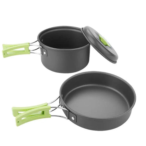 8 Piece Portable Camping Cookware Set For Outdoor On The Go Cooking Lightweight Aluminum Pots Pans And Bowls With Foldable Handles