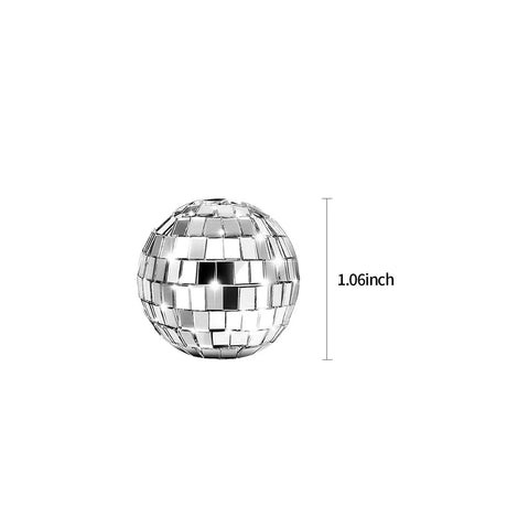 Image of a 1.06 inch silver disco ball topper from the Disco Ball Cupcake Toppers 24 Pack Mini Dancing Cake Decorations For 70s Theme Birthday Party And New Year Celebrations Great For Desserts And Cupcakes With A Shiny Retro Vibe.