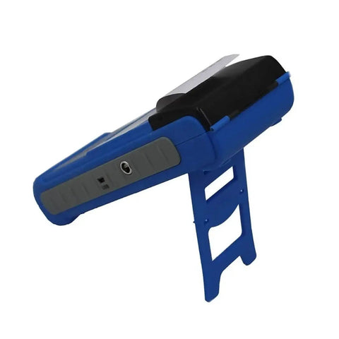 Rock Solid Digital Hardness Tester Meter Featuring Built In Thermal Printer And 600 Group Data Storage With Dead On Accuracy Across 170 To 960 HLD Range showing side view with adjustable stand.