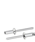 Pro Grade Aluminum Pop Rivets Kit 70 Piece Set, two blind rivets shown, smooth finish, durable aluminum and steel construction.