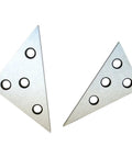 Front view: two silver metal precision triangle angle blocks with multiple holes for machinist calibration