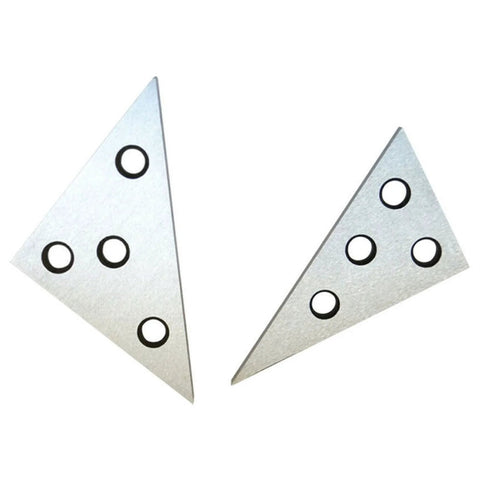 Front view: two silver metal precision triangle angle blocks with multiple holes for machinist calibration