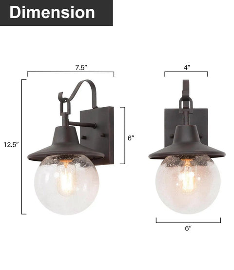 Dimensions of Two Pack Farmhouse Porch Lights Outdoor Wall Sconces Set With Globular Seeded Glass In Rustic Bronze Exterior Wall Mount Lanterns For Porch Patio Or Garage, Classic Farmhouse Style, Each Max 40W shown.