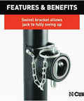 CURT 25006 weld-on pipe-mount swivel trailer tongue jack, 5,000-lb capacity, black finish, mounted on trailer tongue