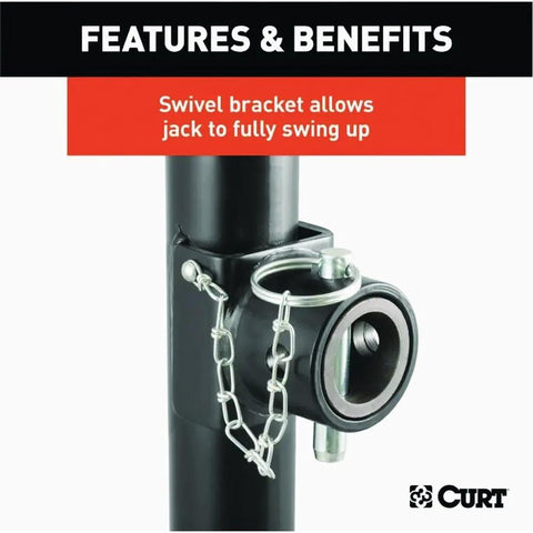 CURT 25006 weld-on pipe-mount swivel trailer tongue jack, 5,000-lb capacity, black finish, mounted on trailer tongue