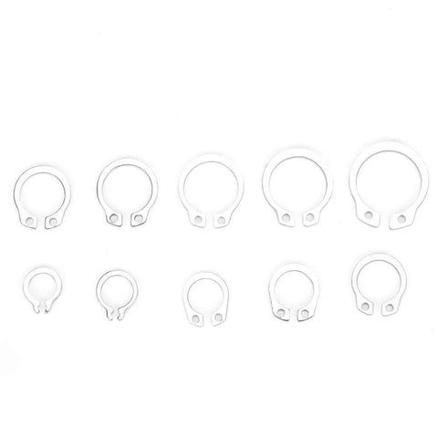 304 Stainless Steel Snap Ring Set 100 Pieces C Type Circlips Assortment Kit arranged in various sizes on white background.