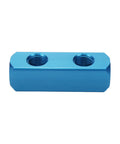 Blue aluminum block with two threaded ports, part of the Four Pack One Quarter Inch Two Way Five Port Pneumatic Manifold Block for air compressors.
