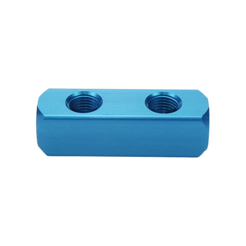 Blue aluminum block with two threaded ports, part of the Four Pack One Quarter Inch Two Way Five Port Pneumatic Manifold Block for air compressors.