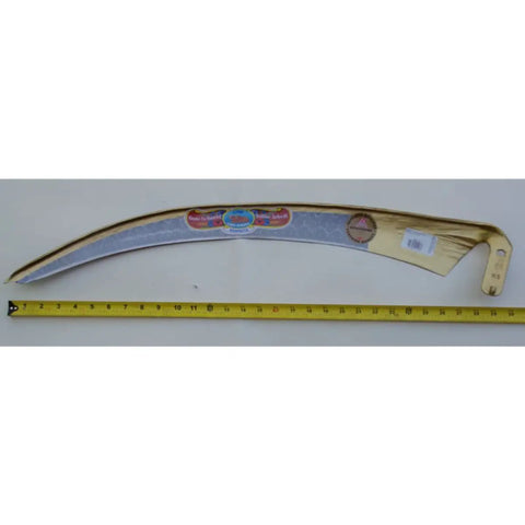 Hand Forged In Austria Scythe Blade With Curved Edge For Easy Harvest, 30 Inch Blade, Dual Sweep Options displayed with ruler