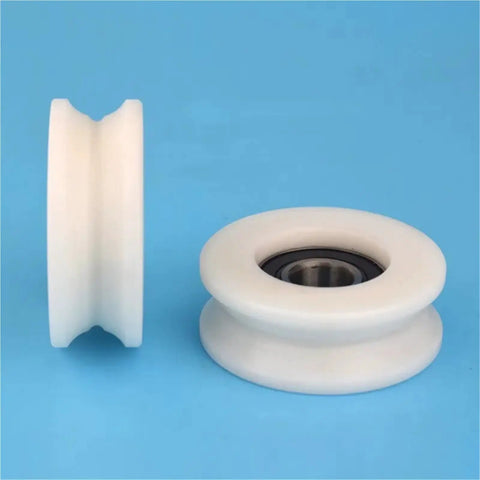 Grab This 10pc Set Of U Groove Plastic Coated Bearing 6202RS Pulley with POM Nylon Wrapped Design, showing U groove shape.