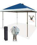 13x13 No Fuss Quick Setup Pop Up Canopy Tent Shelter With Wheeled Carry Bag Portable Commercial Gazebo For Outdoor Events Includes Sandbags Stakes And Ropes Navy That Stays Stable In Wind, showing assembled tent, folded frame, and carry bag.