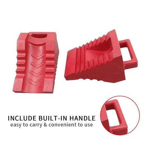 Two Pack Rubber Wheelchair Chocks With Handle For Stable Seating And Slip Proof Easy Grip Wheel Stopper in red, size 6.7x3.5x3.3 inches.