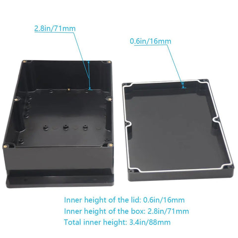 Tough As Nails Abs Plastic Junction Box IP65 Waterproof Dustproof Cover For Electrical Projects Solid Build With Secure Mounting Flaps Black 10 4 X 7 2 Inch Single Package inner dimensions showing lid and box heights
