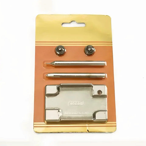 Heavy Duty 5 Piece Lighter Repair Kit With Dual Steel Wheels Knockout Rivet Removal And Flange Setting Punches, kit on a backing card.