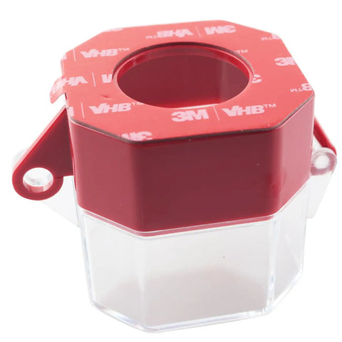 Red Push Button Emergency Stop Switch Cover For Industry, Plastic Enclosure 55x55x77mm, features visible adhesive.