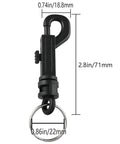Front view of black plastic swivel snap keychain clip with silver metal ring (2.8 in tall, 0.86 in diameter).