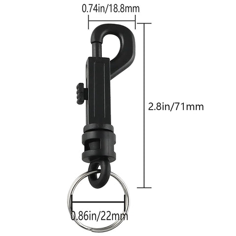 Front view of black plastic swivel snap keychain clip with silver metal ring (2.8 in tall, 0.86 in diameter).
