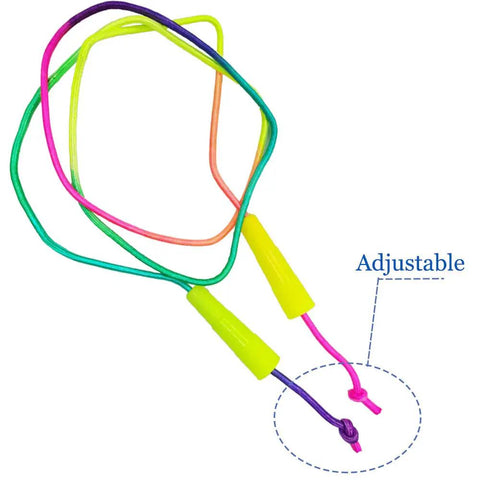 Rainbow Jump Rope Set For Kids, 10 Durable Nylon Skipping Ropes with adjustable yellow handles displayed.