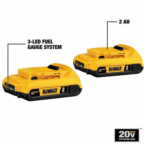 Compact 20V Max Lithium Ion Battery Twin Pack 2.0Ah with 3-LED fuel gauge, designed for extended runtime and tool swaps.