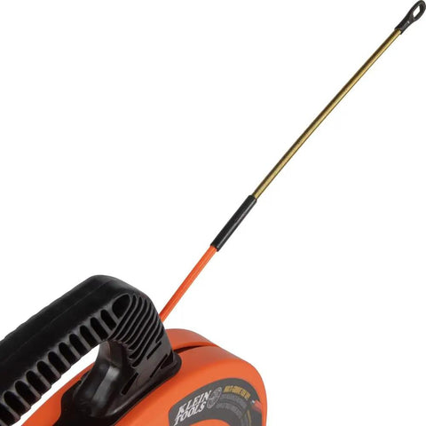 Klein Tools 56380 Non-Conductive Electrical Fish Tape showing the 100ft fiberglass wire puller with steel leader for smooth feeding.