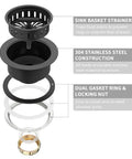 Exploded view of Matte Black Kitchen Sink Drain Kit With Stainless Steel Body And Basket Stopper For Universal Three And A Half Inch Drains