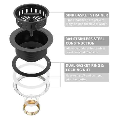 Exploded view of Matte Black Kitchen Sink Drain Kit With Stainless Steel Body And Basket Stopper For Universal Three And A Half Inch Drains