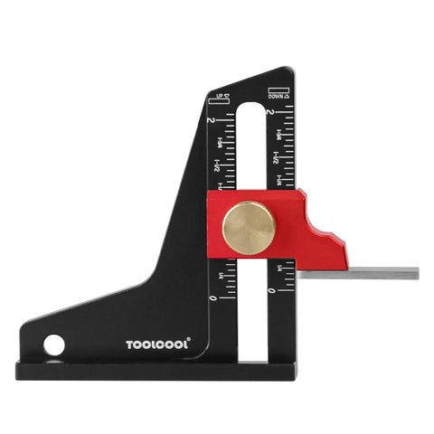 Height And Depth Gauge For Woodworking Tools Quick Pro Grade Setup Blocks For Table Saw Router Table Drill Press And Bandsaw Imperial Measurements And Precision Tips For Quick Consistent Setup In The Shop black aluminum gauge with red slider and imperial scale