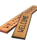 Knockout Sign Making Kit For Router Stencils with engraved 'WELCOME' and 'FRIENDS' wooden signs, showing custom woodworking projects.