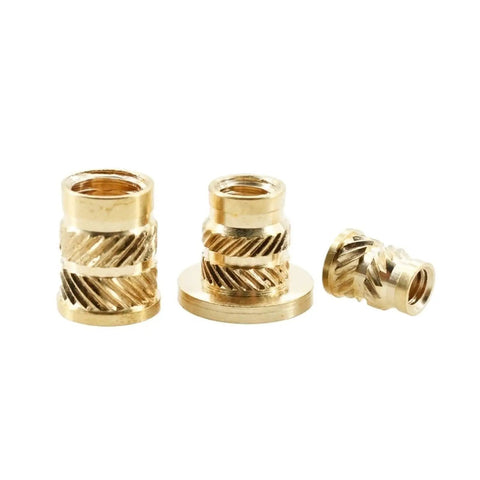 20 Pack Brass Knurled Heat Threaded Inserts For Press Flange, M6 Size, showcasing various angles and dimensions