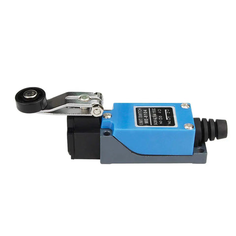 Side view of Roller Lever Arm Momentary Limit Switch ME8104 1NC 1NO 2 Pack with plastic wheel and zinc alloy housing for industrial automation.