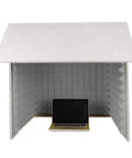 Heavy Duty Foldable Desktop Microphone Booth With 12mm High Density Honeycomb Acoustic Foam Soundproof Vocal Shield for Podcast Recording and Voiceovers, featuring a laptop inside.