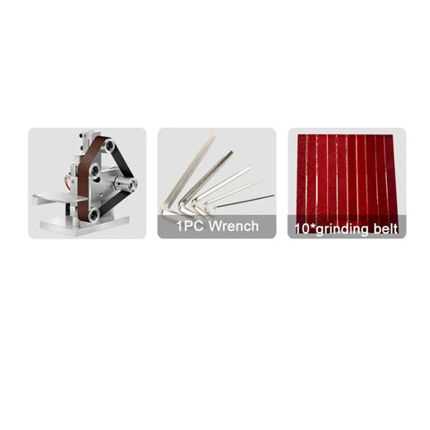 Ultimate Mini Electric Belt Sander And Multifunctional Desktop Grinder For Diy Polishing Sand Milling Cutting Edge Sharpener featuring grinding belt and wrench.