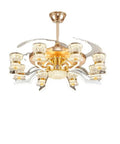 Eight Head K9 Crystal Ceiling Fan Light With Zero Hassle Remote Controlled Tricolor LED Glow and Quiet Spinning Blades, gold and crystal design.