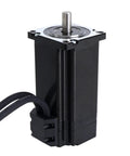 Front view of a closed-loop NEMA 24 stepper motor with black housing, silver output shaft, and attached cable.