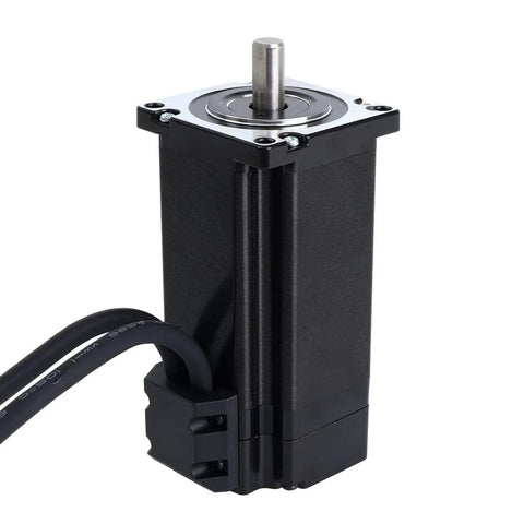 Front view of a closed-loop NEMA 24 stepper motor with black housing, silver output shaft, and attached cable.