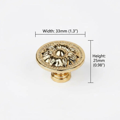 12 Pack Vintage Floral Drawer Knobs Set With Zinc Alloy Cabinet Pulls And Handles, gold flower knob with size dimensions