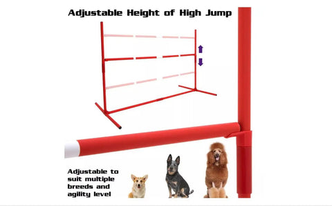 Red Six Piece Dog Agility Training Kit adjustable high jump setup showing height adjustability for dogs