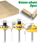 1/4 Inch 6mm Shank Tongue And Groove Router Bit Set With Durable Tungsten Steel Construction and 45 Lock Miter Bit shown with dimensions.