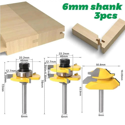 1/4 Inch 6mm Shank Tongue And Groove Router Bit Set With Durable Tungsten Steel Construction and 45 Lock Miter Bit shown with dimensions.