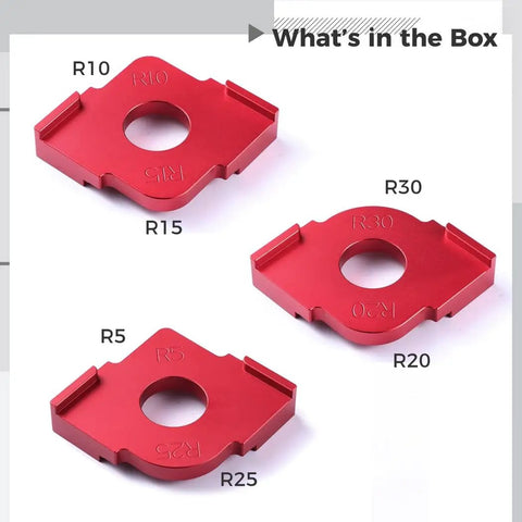 Rock Solid Aluminum Router Template Set Delivering Hella Precise Radius Cutting From R5 To R30, including R5, R10, R15, R20, R25, R30 pieces in red anodized aluminum.