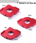 Rock Solid Router Template Jigs For Woodworking Enthusiasts Slick Red Anodized Aluminum Set Of 3 jigs labeled R5, R10, R15, R20, R25, R30.