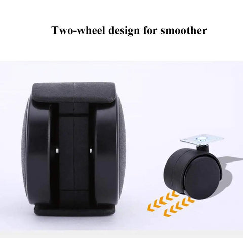Close-up of double wheel nylon casters for furniture 1.5 to 2 inch wheels with smooth rolling quiet action, front and side view