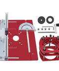 Ridiculously Solid Aluminum Router Table Insert Plate For Your Workshop Slick Sliding Surface Rust Resistant Replacement For Woodworking And Heavy Duty Carpentry Builds Red with accessories and adjustable gauge.
