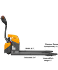 Heavy Duty Apollo Electric Pallet Jack 4400 Lb Capacity Extended Runtime side view with ergonomic handle and marked specifications.